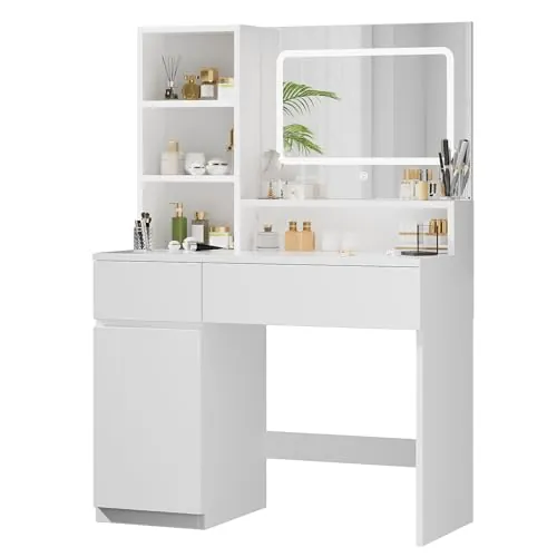 Devoko Tocador de Maquillaje con Grande Espejo y Luces LED, Brillo Ajustable, Mesa de Maquillaje con 3 Estante Abierto, 2 Cajones y Armario Lateral, Vanity de Maquillaje Moderno para Dormitorio Blanco
