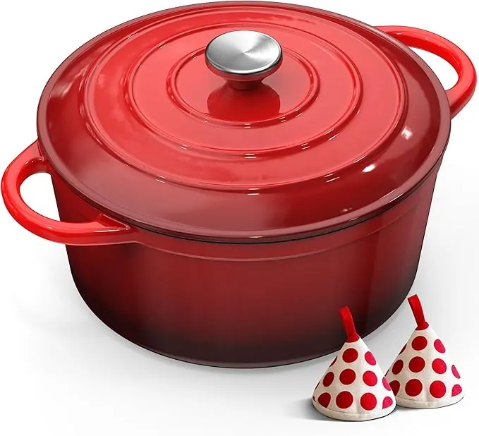 Olla de Hierro Fundido - 26cm Cacerola Holandesa de Esmaltado con Tapa, Topbooc Redonda Sartén Dutch Oven Sarten Cocotte para Hornear Pan, Guisar, Cocinar, para Cocinas de Inducción, Horno, Gas, 5L