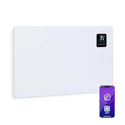 KLARSTEIN Bansin Smart - Calefactor-convector eléctrico, Termostato Entre 5 y 50 °C, Pantalla LED, Pantalla táctil, Programable, Control por App, Potencia 1500 W, hasta 30 m², 68 x 44 x 11 cm, Blanco