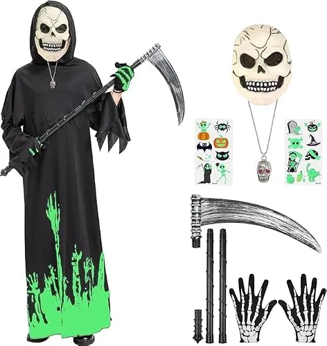 Haozozo Disfraz Halloween Niño, Disfraz Muerte Niño Compuesto Por Un Mono Fluorescente, Una Máscara De Látex Fluorescente Con Forma De Calavera, Guantes Y Una GuadañA Halloween. (11-14 años)