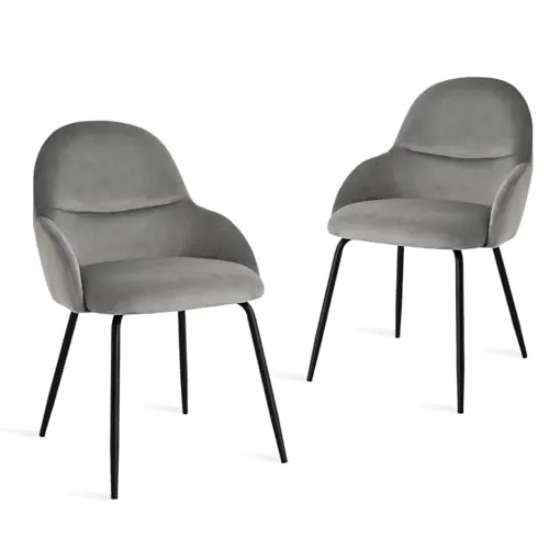 Goeurvant Comedor – Juego de 2 sillas con reposabrazos, revestimiento de terciopelo gris claro, patas metálicas robustas, asiento tapizado moderno para cocina o salón