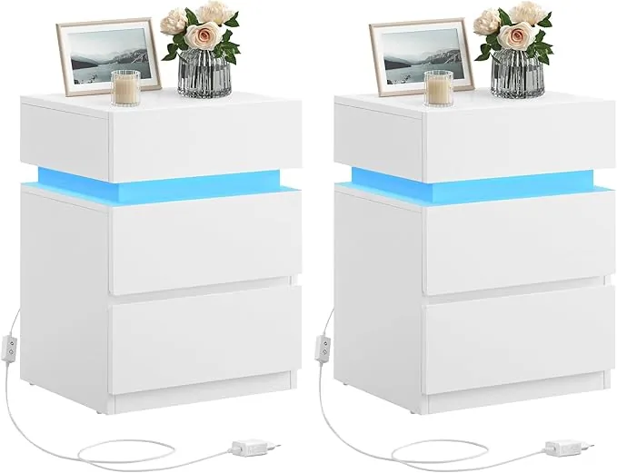 VASAGLE KAILYN Colección - Juego de 2, Mesita de Noche con Tira de Luz LED Multicolor Variable, 3 Cajones, Mesa Auxiliar, Estilo Moderno, 35 x 40 x 55 cm, Blanco Nube LET0830W01