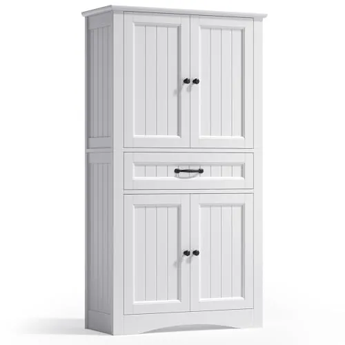 Xbro Mueble de Baño Alto con 2 Puertas y 1 Cajón, Armario Auxiliar con Baldas Ajustables, para Baño, Cocina, Salón o Despacho, 73 x 31 x 132 cm, Blanco