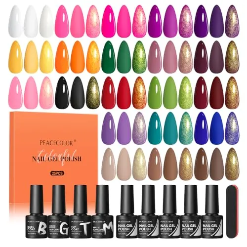 PEACECOLOR Kit Uñas Semipermanentes,21 Colores Esmalte de Uñas en Gel | 21 Colores Esmaltes de Uñas en Gel Semipermanentes con 4 Pcs Base Top Mate Top Coat
