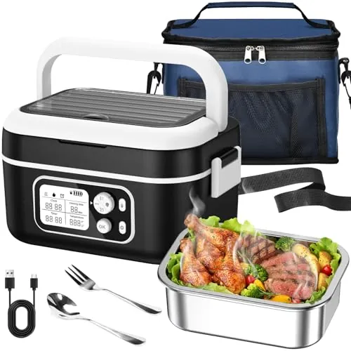 RWSRW Fiambrera Electrica 100W Calentador de Comida Portatil 1,5L Lunch Box con Bolsa Térmica y Cubiertos Comida Caliente Acero Inoxidable para coche/camión/oficina