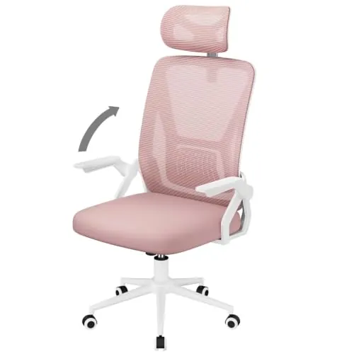 naspaluro Silla de Oficina, Silla de Oficina Ergonómica con Brazos Abatibles 90°, Soporte Lumbar de Diseño Exclusivo, Reposacabezas Ajustable, Tapicería de Malla Transpirable Escritorio, Rosa
