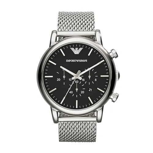 Emporio Armani Reloj Hombre, Movimiento cronógrafo de cuarzo, caja de 46mm de acero inoxidable plateado con correa de acero inoxidable, AR1808, Tono plateado y negro