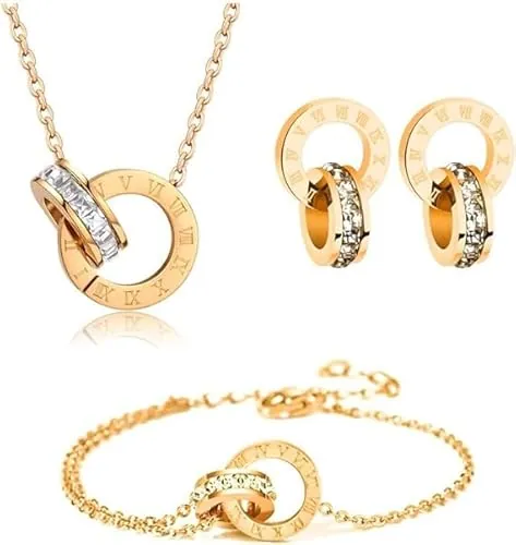 Hanaoops Conjuntos de Joyas para Mujer y Niñas Números Romanos Circón Acero Inoxidable Chapado en Oro Plata Colgante Collar Pendientes Pulsera Juego de Joyas
