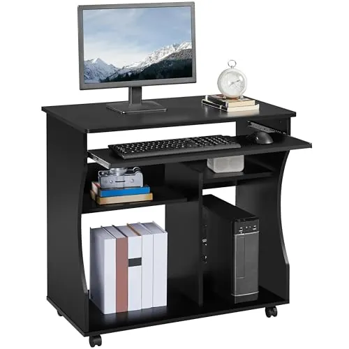 Yaheetech Mesa Escritorio Pequeño con Ruedas y Estantes 80x48x76cm Negro