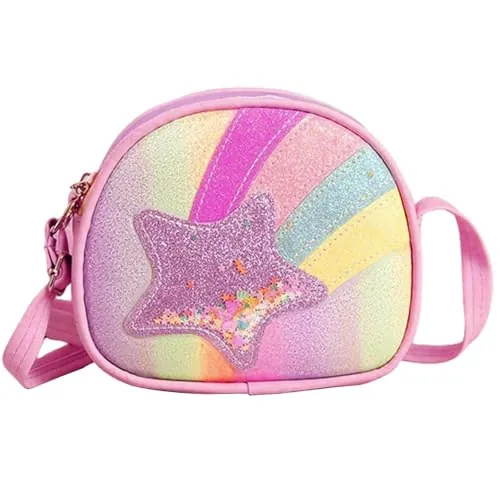 Touosy Bolso Niña Riñonera Niña Bandolera Lentejuelas, Paillettes Estrella Arc en Ciel Correa Ajustable PU, Monedero Cruzado Rosa para Niñas 3-10 Años Cumpleaños Viaje Regalos (Rosa)