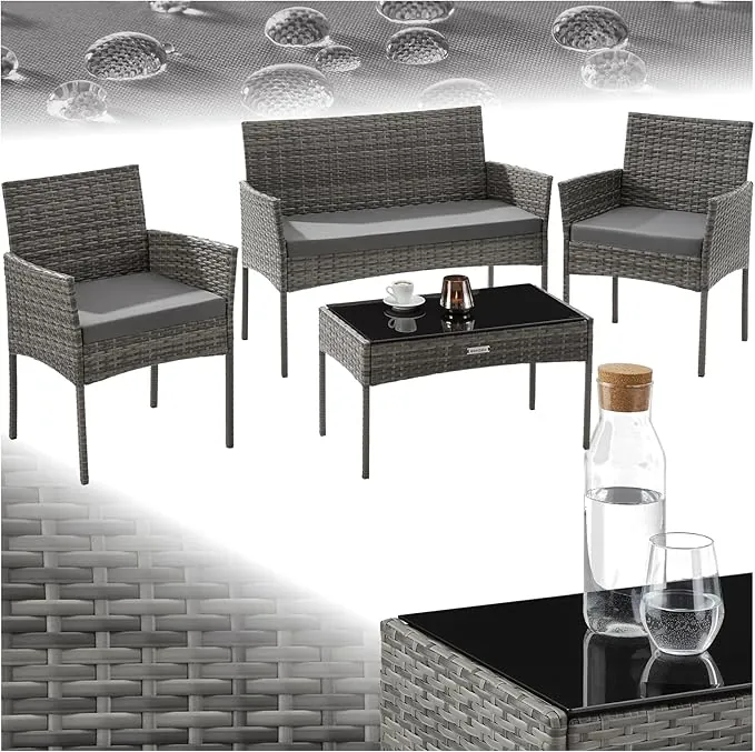 tectake® Conjunto Jardin Exterior de Ratán, Muebles Jardin Exterior para 4 Personas, Muebles Terraza con Mesa de Vidrio, Sofa Exterior y Sillas con Cojines Lavables, Sillon Cómodo - Gris