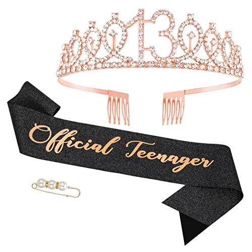 Fanshiontide 13.Geburtstag Schärpe und Geburtstagskrone,Roségold 13 Krone Strass Tiara & Official Teenager Gepräter für 13 Geburtstag Mädchen Alles Gute zum 13 Geburtstag Party Deko Supplies