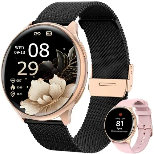 SLOKSFil Reloj Inteligente Mujer, 1,39" SmartWatch Mujer Redondo SpO2, 24H Pulsometro, Presión Arterial, Monitor sueño, Monitor de sueño 120 Deportes para iOS Android (Negro Oro)