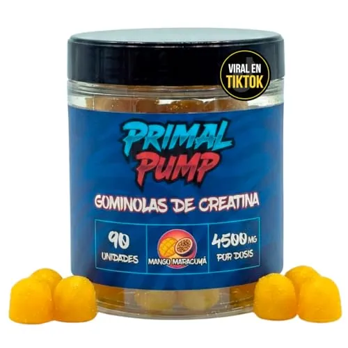 Primal Pump Gominolas de Creatina Monohidratada 4.5g - Creatina en Gominolas para Rendimiento y Potencia - Sin Azúcar, Vegano y Sin Gluten - Sabor Mango Maracuyá