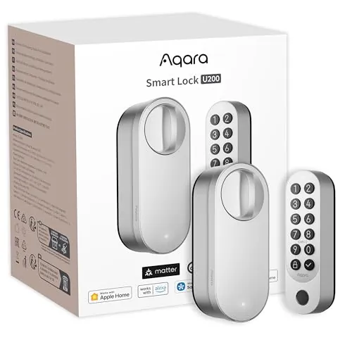 Aqara Cerradura Inteligente U200 con Lector de Huella Digital, EL-D02E, Matter Over Thread, Cerradura Electronica Sin Llave con Apple Home Key y Batería Recargable, Soporta Google Home, Alexa,Plata