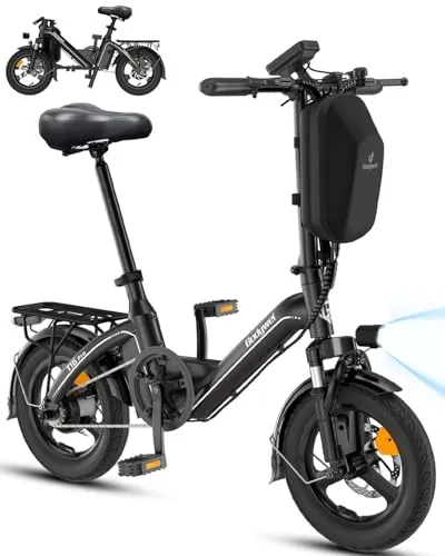 Bodywel T16PRO Bicicleta Eléctrica Plegable, 14" Mini E-Bike, 4.5 Pulgadas Pantalla LED, Batería 36V/7.8Ah, Frenos de Doble Disco y Suspensión Delantera (Negro+Portaequipajes Trasero)