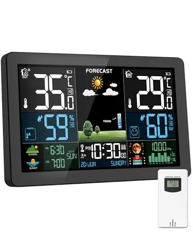 Estación Meteorológica Interior y Exterior con Pantalla a Color, Pronóstico del Tiempo, Temperatura, Humedad, Despertador LCD con Función de Repetición A1
