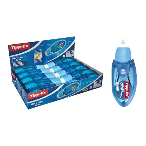 BIC Tipp-Ex Cinta Correctora Blanca de Bolígrafos, Óptimo para Material Escolar, Micro Tape Twist, 8m x 5mm, Con Cabezal Rotativo, Caja de 10