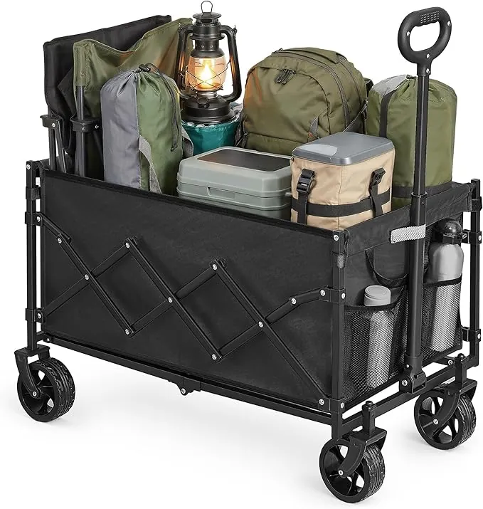 SONGMICS Carro de Mano Plegable, Carreta, Carrito de Jardín, Compacto y Pequeño, con Asa, con 4 Ruedas Reforzadas, 2 Universales, Carga hasta 150 kg, 150 L, Exterior, Azul Noche GFW150QE01