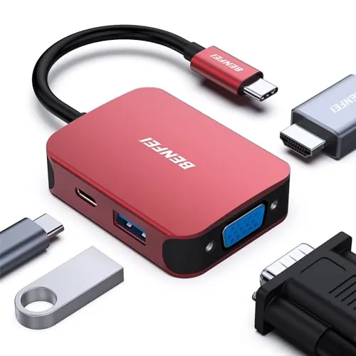 BENFEI Hub USB C 4 en 1, Adaptador USB C a HDMI VGA, USB C a USB 3.0, Compatible con Thunderbolt 3/4,MacBook Pro/Air, iPhone 15 Plus Pro Max, Samsung Galaxy S23/22, Surface Book 2, DELL XPS 13/15 rojo