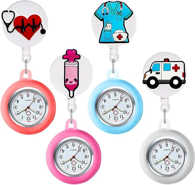 SPORWAY 4 relojes de bolsillo para mujer con clip, retráctil, reloj de bolsillo para enfermera, reloj de bolsillo con puntero brillante para médicos, cuidadores, estudiantes, mujeres, No.