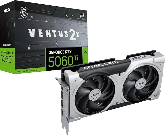 MSI GeForce RTX 5060 Ti 8G Ventus 2X OC Plus Tarjeta gráfica, RTX 5060 Ti, 8 GB GDDR7 (28 Gbps/128 bits), PCIe 5.0 - Diseño térmico de Doble Ventilador (2 x Ventilador STORMFORCE) - HDMI 2.1b