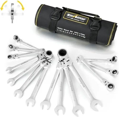 Enventor Llaves Fijas con Carraca, 14 Piezas, Cabezal Giratorio de 180° | Juego de Llaves Combinadas con Carraca, 6-19mm, Acero Cromo Vanadio, 72 Dientes, Arco de Giro de 5°, Bolsa