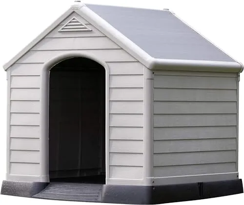 Curver – Caseta de Perro Exterior de Resina, para Perros Grandes y medianos, Suelo Elevado, Sistema de ventilación, 95 x 99 x 99 cm, Color Gris