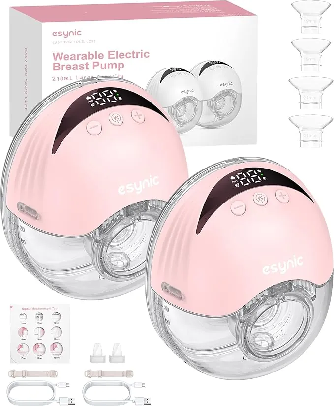 eSynic 2PCS Sacaleches Eléctrico Manos Libres con 4 Modos y 12 Niveles Extractor de Leche Materna 210ml Menos Ruido con Bridas de 24/21/19 mm a Prueba de Fugas Extractor de Leche Inalámbrico Sin BPA