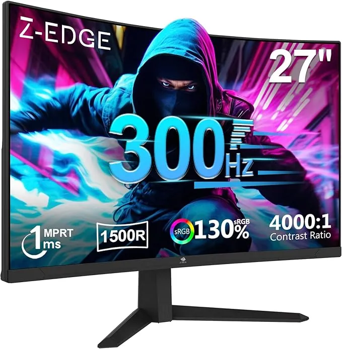 Z-Edge Monitor Gaming Curvo 27'' 300Hz (DP1.4 * 2), 1ms MPRT, FreeSync, FHD, 240Hz (HDMI2.0 * 2), Pantalla PC LED 16:9, Inclinación Ajustable, 1500R VA, 4000:1, VESA 100 * 100mm (Cable DP Incluido)