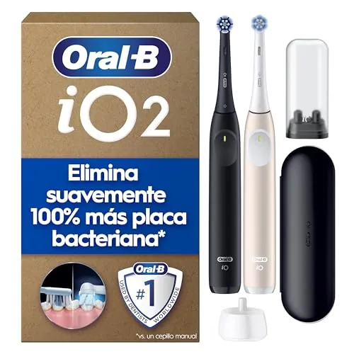 Oral-B iO 2 Cepillos de Dientes Eléctricos, Negro Y Rosa, Pack de 2, 2 Cabezales - 1 Estuche de Viaje, 1 Portarrecambios, 3 Modos de Cepillado, Sensor de Presión y Temporizador