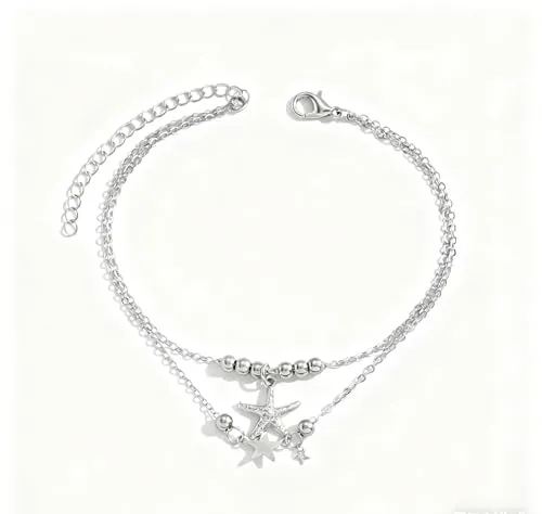 Elegante tobillera con dije de estrella de mar, joyería chapada en plata con cuentas, longitud ajustable para mujer, estilo bohemio moderno