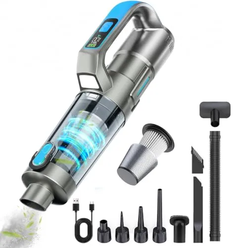 Aspirador de Mano 30000PA, Mini Aspirador Coche Premium 4 en 1 Para Coche con Pantalla LED, Depósito de Polvo de 450 ml, Potente Aspiradora Recargable Para Limpieza Profunda de Pelo de Mascotas, Hogar