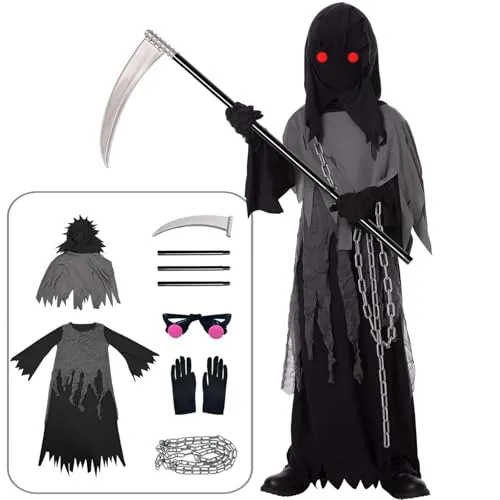 Tosekry Disfraz Halloween Niño: Disfraz de la Muerte Niño con Guadaña, Gafas Luminosas y Cadenas