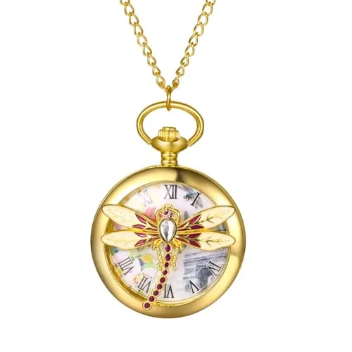 OIDEA Relojes Bolsillo Analógico Unisex: Reloj de Bolsillo de Cuarzo para Hombre y Mujer Decoración Libélula Números Romanos de Escala Cadena de Cintura - para Uso Diario Colecciones Regalo