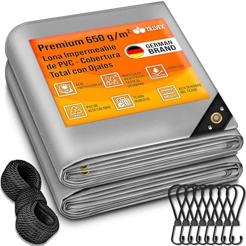 tillvex® Lona con Ojales + 10 Ganchos y Cuerda de 15 m, Lona de 650 g/m² Exterior, Impermeable y al desgarro, Lona de PVC Universal para Camiones, Piscinas, Muebles de jardín, Cubierta Madera,