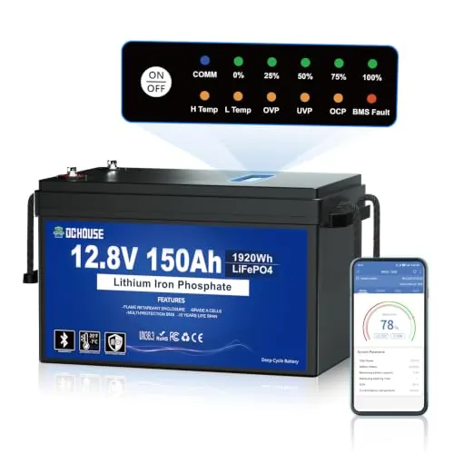 DCHOUSE Batería de litio LiFePO4 de 12V 150Ah con Bluetooth, protección contra bajas temperaturas, 4000–15000 ciclos, batería de litio de ciclo profundo, perfecta para caravanas, sistemas solares