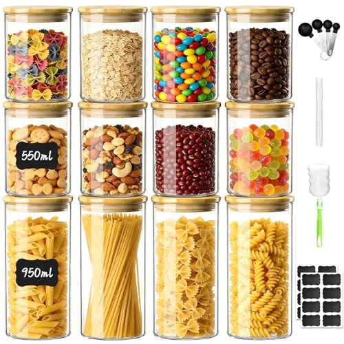 AMIPOW Tarros de Cristal con Tapa,12pcs Botes de Cristal con Tapa 950ml/ 550ml Botes Cristal Cocina Almacenaje Apilado Estable Bote Hermetico