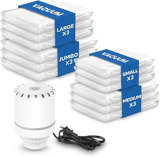 Vacbird Bolsas Vacio Ropa con Bomba Eléctrica, Reutilizables Para el Almacenamiento de Temporada y Artículos de Viaje, 12 Bolsas + Bomba Eléctrica