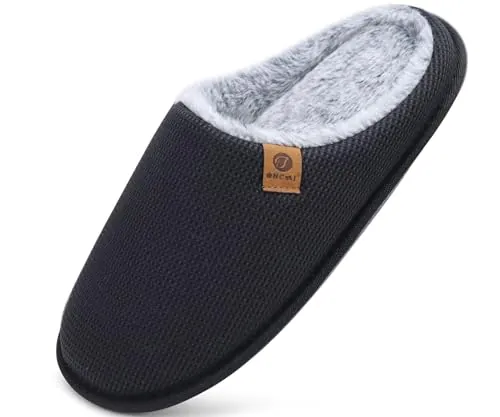 ONCAI Zapatillas Casa Hombre Espuma de Memoria Algodón con Pantuflas de Estar de Imitación Forro de Sintética para Invierno Interiores y Exteriores Suela de Goma Antideslizante Peluche Negro Talla 45