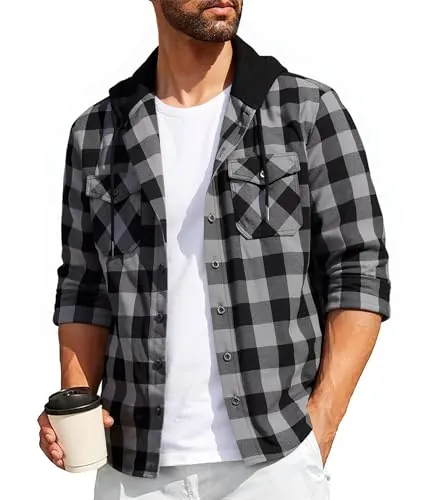 SwissWell Camisa a Cuadros Hombre Camisa de Franela para Hombre Sudaderas de Leñador de Manga Larga Exteriore Camisa Casual con Capucha Gris Oscuro M