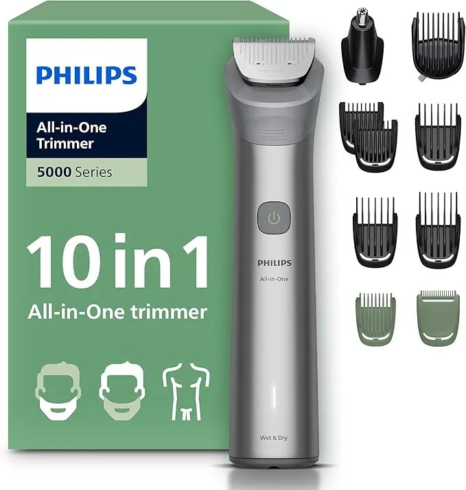 Philips Recortadora todo en uno de 10 en 1 Serie 5000 - Afeitadora y cortapelos hombre para rostro, cabeza y cuerpo, cuchillas de acero autoafilables, 11 longitudes (0,5-16 mm), recargable, MG5918/15