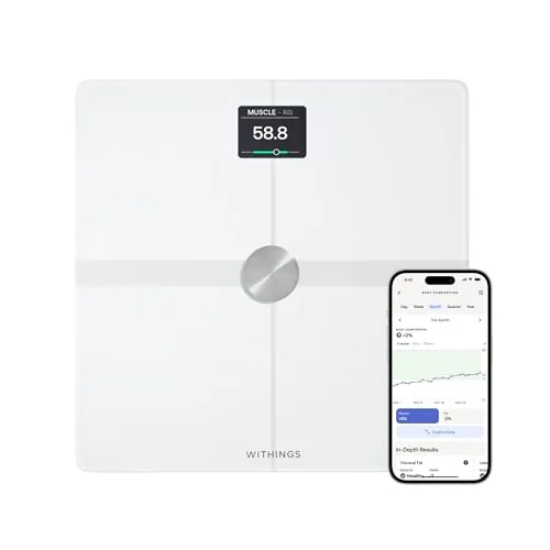 Withings Body Smart - Bascula de baño con Composición Corporal Avanzada (Peso, Grasa Corporal, Músculo, Masa Ósea, Agua, Índice de Grasa Visceral), balanza peso corporal WiFi, hasta 8 usuarios