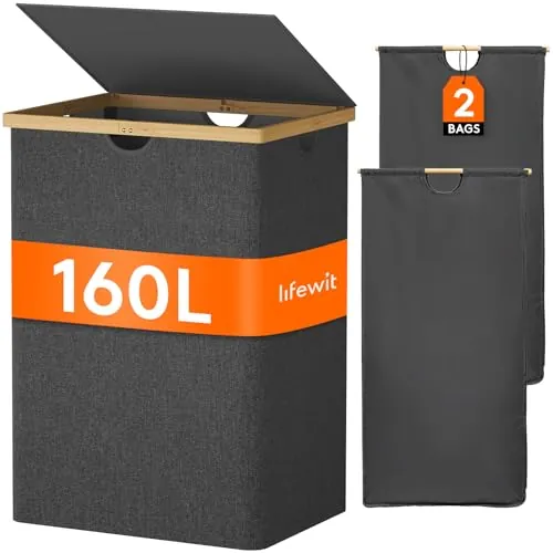 Lifewit 160L Grande Cesto Ropa Sucia con Tapa de Bambú, Cesta Ropa Sucia con Asas, Cubo Ropa Sucia Plegable con 2 Secciones y Bolsa Lavable Extraíble, Laundry Basket para Baño, Lavadero, Negro