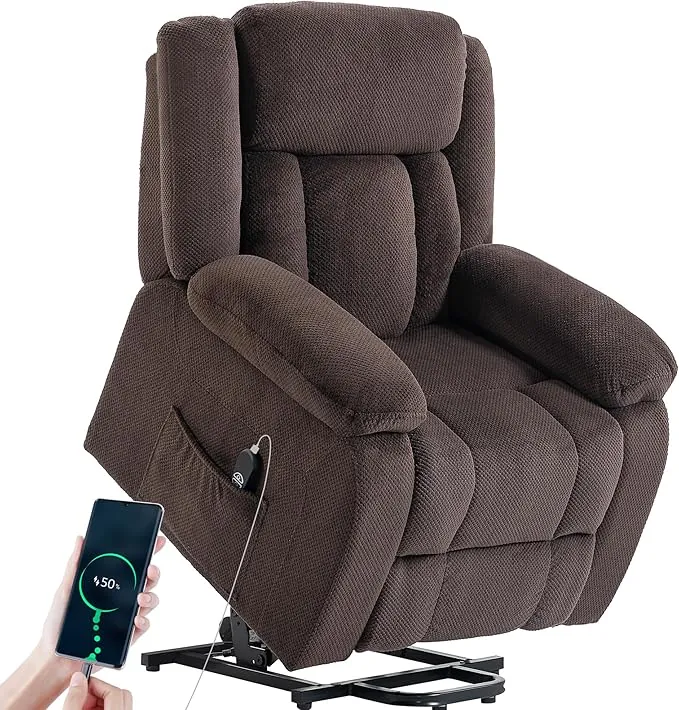 HOMCOM Sillón Relax Reclinable Eléctrico Levanta Personas, con Puerto USB, Sillón Elevador, con Control Remoto, Asiento Ancho, Reposapiés, Tapizado en Terciopelo, Bolsillos Laterales, Marrón