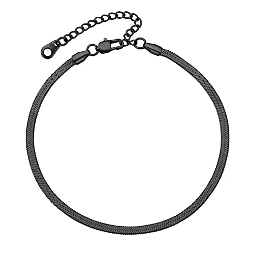 PROSTEEL Tobillera Plana de Cadena Serpiente Negra, Esclava para Tobillo Huesos Serpiente, 3mm Ancho 16cm Largo Ajustable
