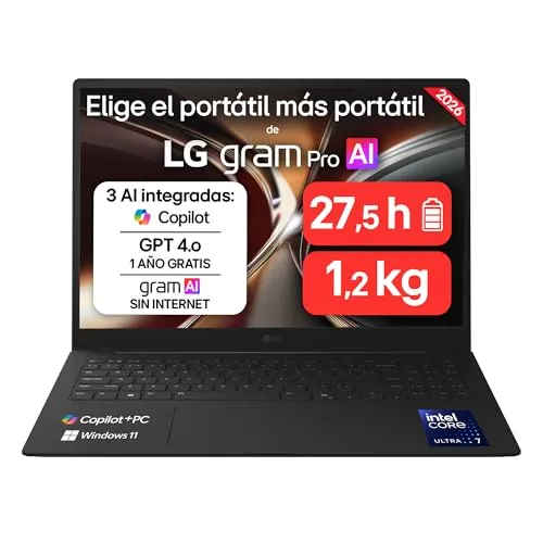 LG gram Pro 16Z90U-G.AU88BN - Ordenador Portátil Ultraligero de 16" Intel Core Ultra 7 355, 3 GB RAM, 1 TB SSD, IPS Antirreflejo, 1239g, 27.5h, Windows 11, Teclado QWERTY Español, Negro