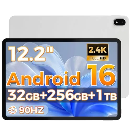 RebotAi Tablet 12 Pulgadas Android 16, 32GB RAM+256GB ROM, T7300 Octa-Core, 10000 mAh, 2400 * 1600IPS 2.4K,90Hz, Widevine L1, IP54,Tableta with Aguja，Estuche Negro