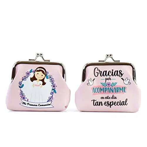 Pack de 12 a 42 uds Monederos Comunión Niño y Niña | Polipiel con Cierre Metálico | 8,5 x 7 cm | Regalos Invitados Comunión | Varios Modelos No Personalizables | Regalantes (12, Niña Rosa)