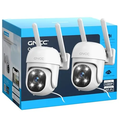 GNCC GK2 Pack 2 Camaras Vigilancia WiFi Exterior 1080P, 360° PTZ, Solo WiFi de 2,4 GHz, Seguimiento de Movimiento, Servicios Opcionales en la Nube, Sirena, IP65, Enchufe